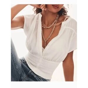 Maeve by Anthropologie Flutter Sleeve Smocked Blouse, White, XXS, MSRP $88‎